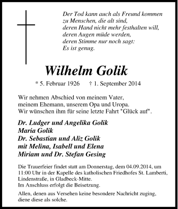 Traueranzeige von Wilhelm Golik von Tageszeitung