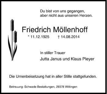 Traueranzeige von Friedrich Möllenhoff von Tageszeitung