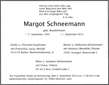 Traueranzeige von Margot Schneemann von Tageszeitung