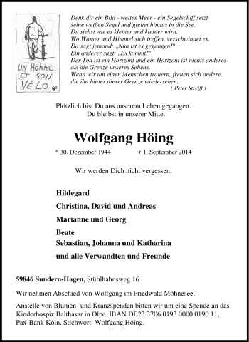 Traueranzeige von Wolfgang Höing von Tageszeitung
