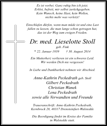 Traueranzeige von Lieselotte Stoll von Tageszeitung