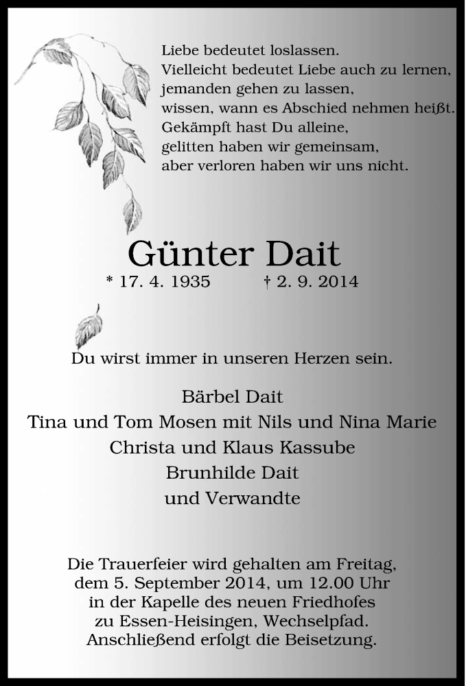  Traueranzeige für Günter Dait vom 04.09.2014 aus Tageszeitung