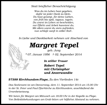 Traueranzeige von Margret Tepel von Tageszeitung