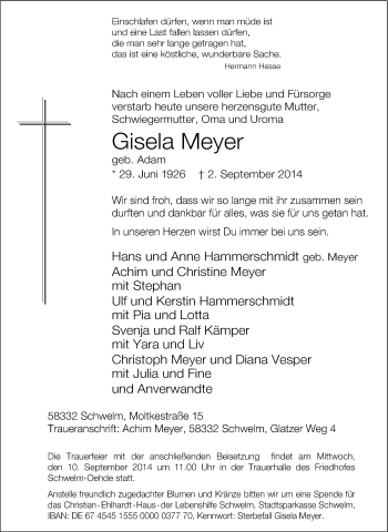 Traueranzeige von Gisela Meyer von Tageszeitung
