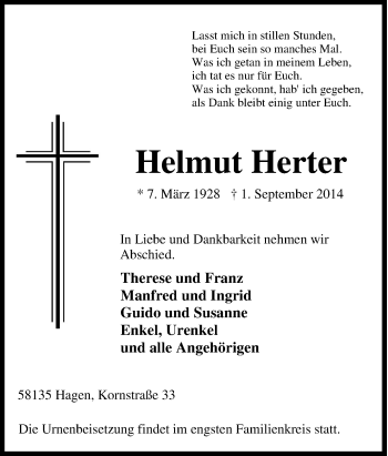 Traueranzeigen von Helmut Herter TrauerinNRW.de