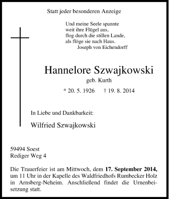 Traueranzeige von Hannelore Szwajkowski von Tageszeitung