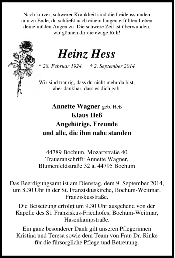 Traueranzeige von Heinz Hess von Tageszeitung
