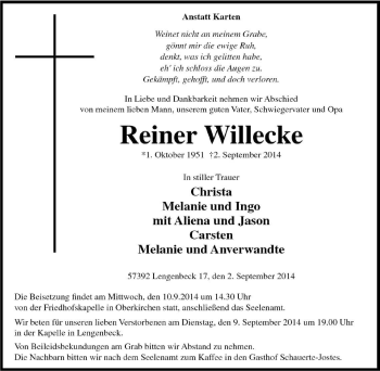 Traueranzeige von Reiner Willecke von Tageszeitung