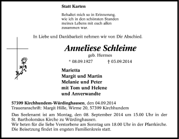 Traueranzeige von Anneliese Schleime von Tageszeitung