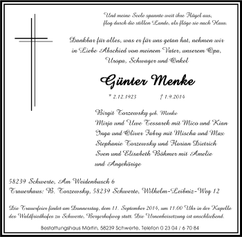 Traueranzeige von Günter Menke von Tageszeitung