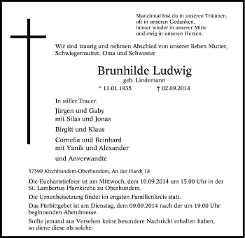 Traueranzeige von Brunhilde Ludwig von Tageszeitung