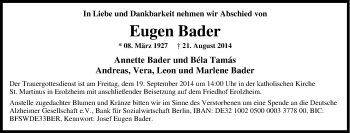 Traueranzeige von Eugen Bader von Tageszeitung