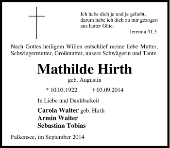 Traueranzeige von Mathilde Hirth von Tageszeitung