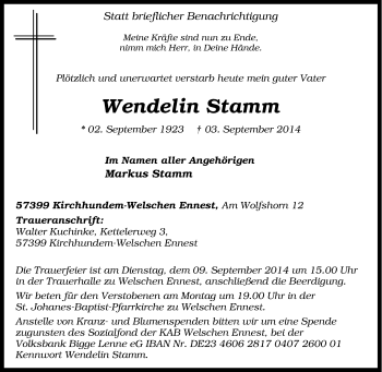Traueranzeige von Wendelin Stamm von Tageszeitung
