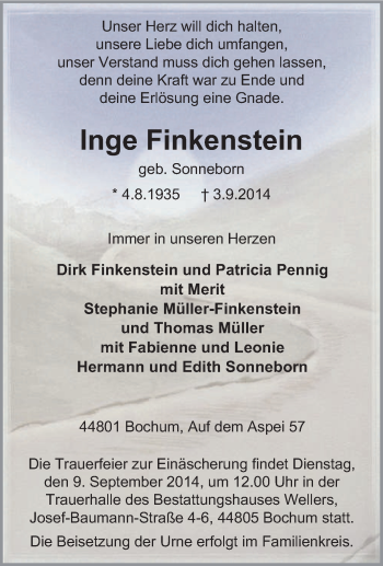 Traueranzeige von Inge Finkenstein von Tageszeitung