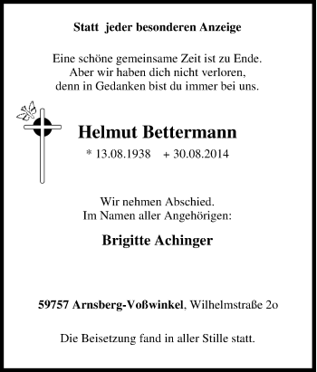 Traueranzeige von Helmut Bettermann von Tageszeitung