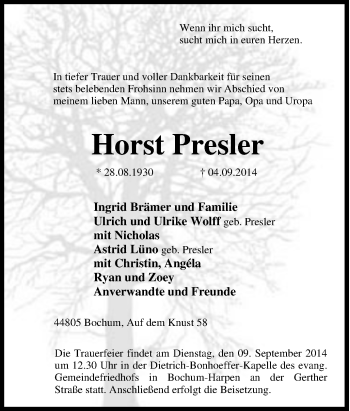 Traueranzeige von Horst Presler von Tageszeitung
