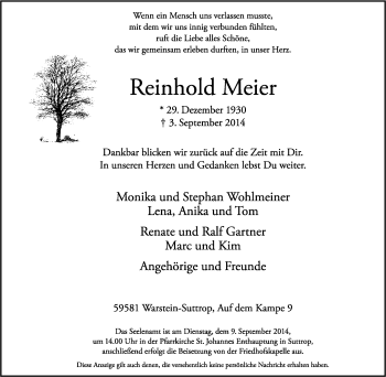 Traueranzeige von Reinhold Meier von Tageszeitung