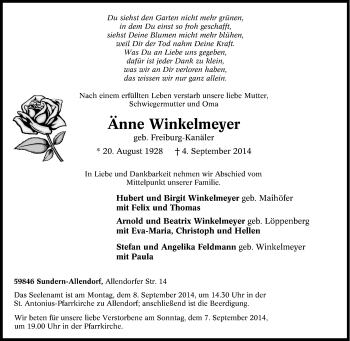 Traueranzeige von Änne Winkelmeyer von Tageszeitung