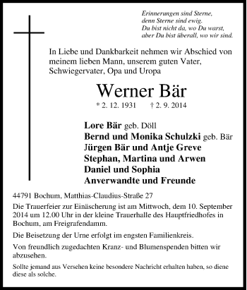 Traueranzeige von Werner Bär von Tageszeitung