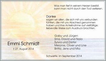 Traueranzeige von Emmi Schmidt von Tageszeitung