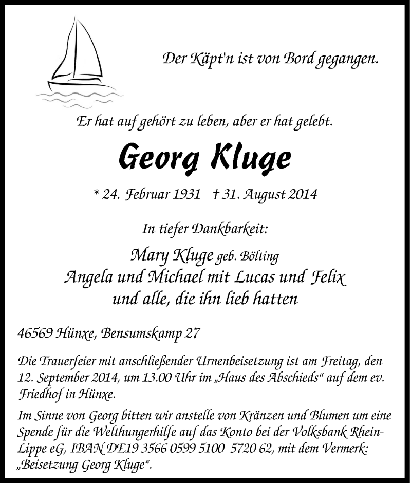  Traueranzeige für Georg Kluge vom 08.09.2014 aus Tageszeitung