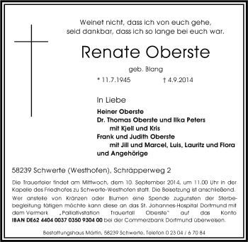 Traueranzeige von Renate Oberste von Tageszeitung