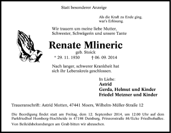 Traueranzeige von Renate Mlineric von Tageszeitung