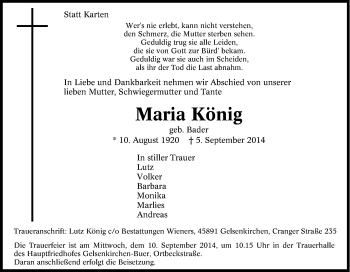 Traueranzeige von Maria König von Tageszeitung