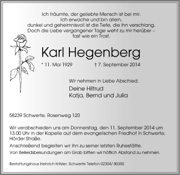 Traueranzeige von Karl Hegenberg von Tageszeitung