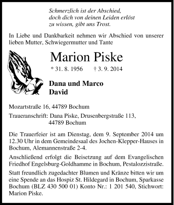 Traueranzeige von Marion Piske von Tageszeitung