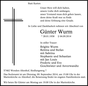 Traueranzeige von Günter Wurm von Tageszeitung