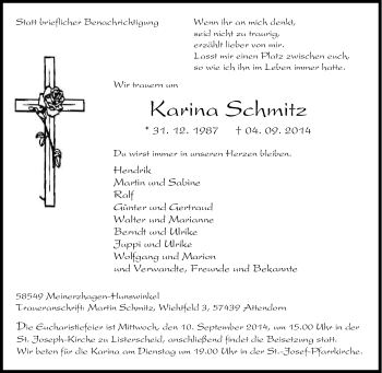 Traueranzeige von Karina Schmitz von Tageszeitung