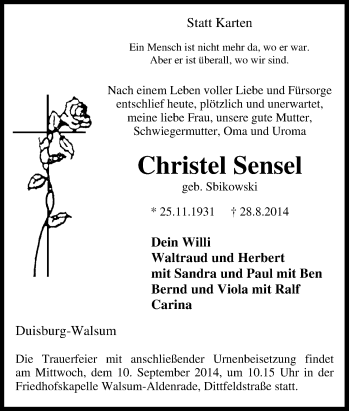 Traueranzeige von Christel Sensel von Tageszeitung