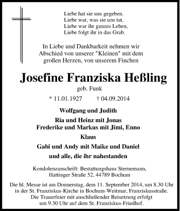Traueranzeige von Josefine Franziska Heßling von Tageszeitung