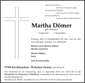 Traueranzeige von Martha Dömer von Tageszeitung