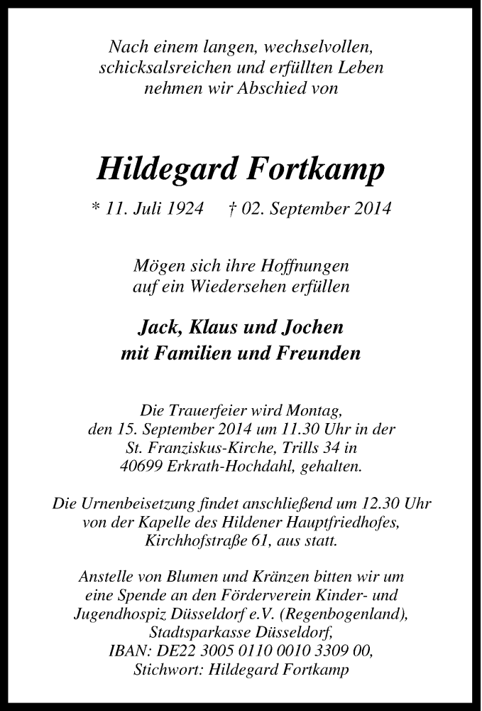  Traueranzeige für Hildegard Fortkamp vom 10.09.2014 aus Tageszeitung