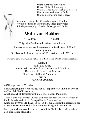 Traueranzeige von Willi van Bebber von Tageszeitung