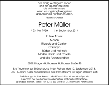 Traueranzeige von Peter Müller von Tageszeitung