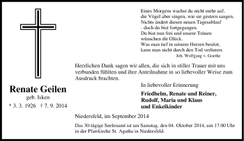 Traueranzeige von Renate Geilen von Tageszeitung