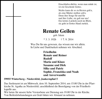 Traueranzeige von Renate Geilen von Tageszeitung