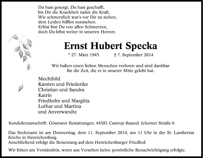  Traueranzeige für Ernst Hubert Specka vom 09.09.2014 aus Tageszeitung
