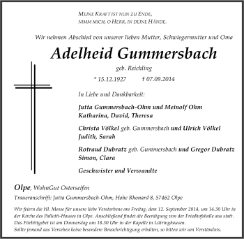 Traueranzeige von Adelheid Gummersbach von Tageszeitung