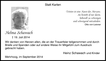 Traueranzeige von Helma Schawach von Tageszeitung