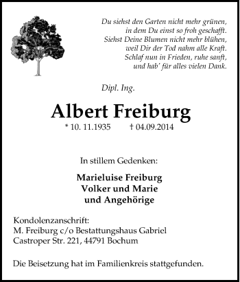 Traueranzeige von Albert Freiburg von Tageszeitung