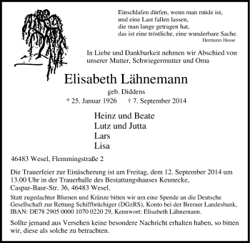 Traueranzeige von Elisabeth Lähnemann von Tageszeitung
