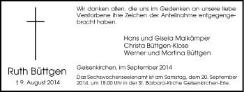 Traueranzeige von Ruth Büttgen von Tageszeitung