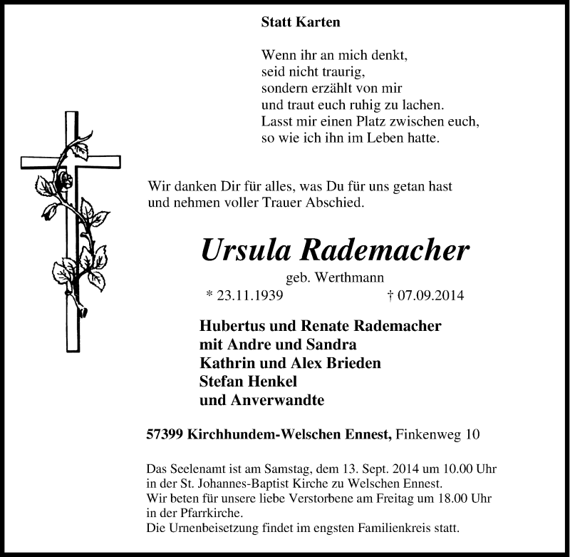 Traueranzeige für Ursula Rademacher vom 10.09.2014 aus Tageszeitung