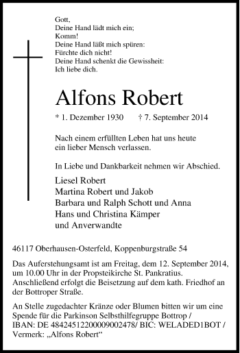 Traueranzeige von Alfons Robert von Tageszeitung