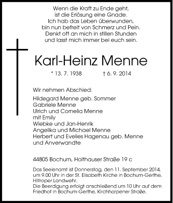 Traueranzeige von Karl-Heinz Menne von Tageszeitung